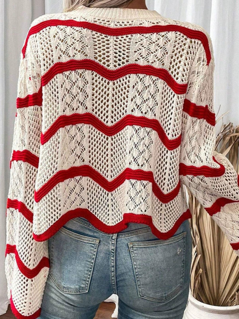 Fall Womens Casual Versatile Bell Sleeve Wave Pattern Pullover Knit Sweater